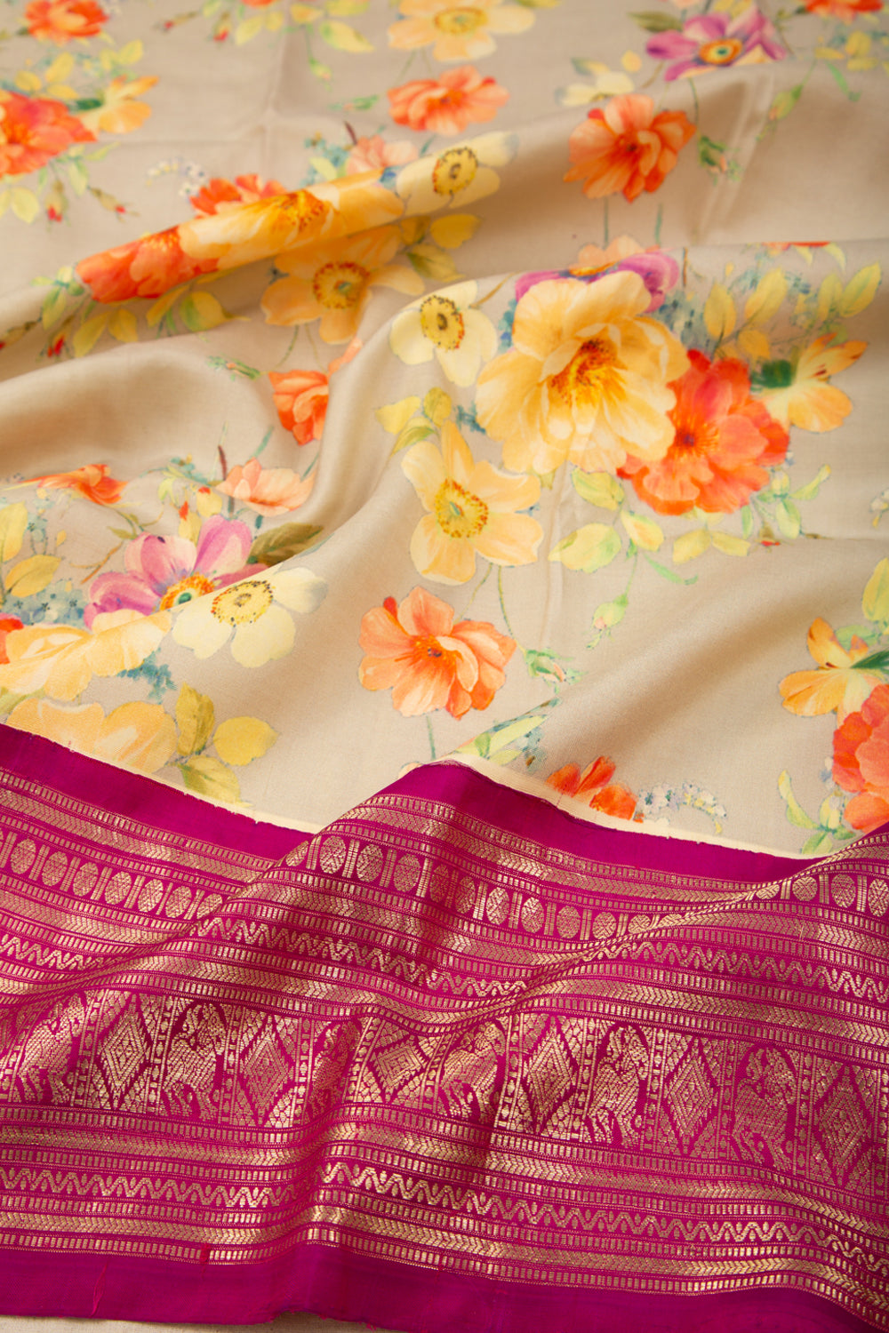 Kanchipuram Silk Floral Printed Grey Dupatta