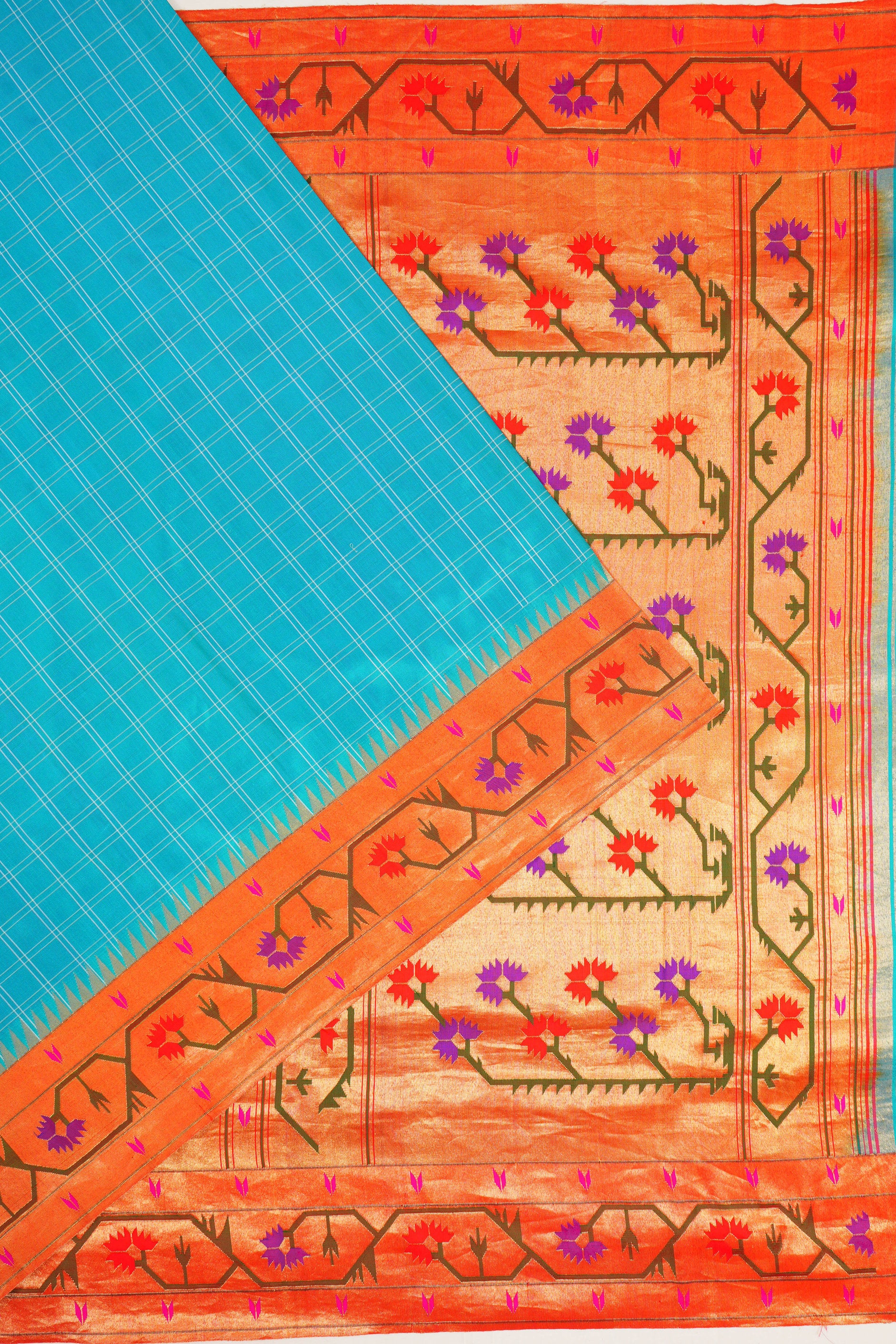 Paithani Silk Checks Sky Blue Saree With Aswali Border