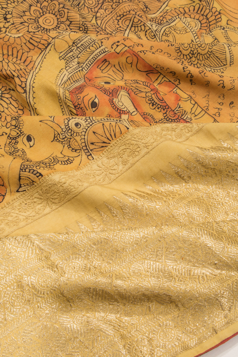 Kanchipuram Silk Kalamkari Cream Saree-Not Allowed Online