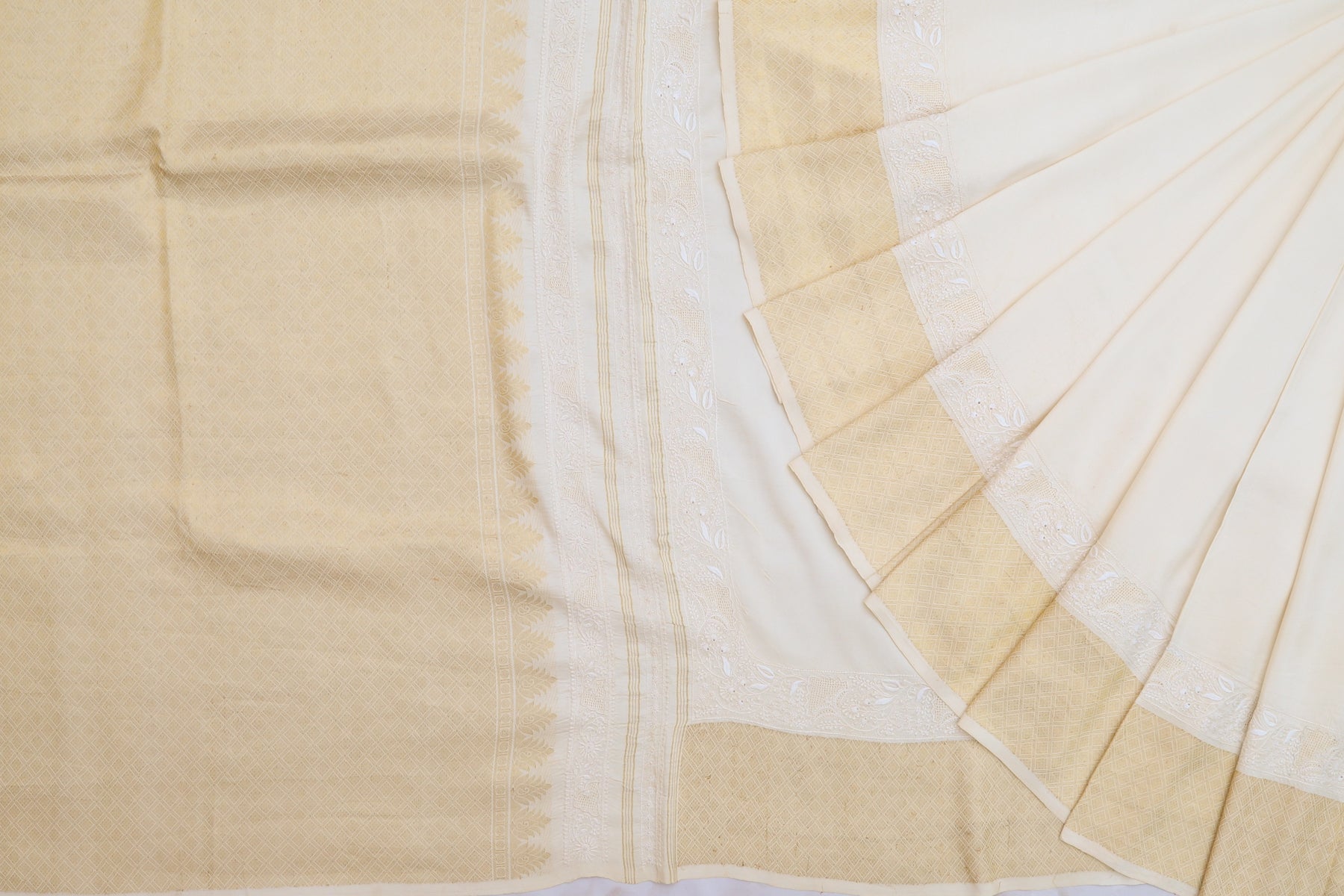 Kanchipuram Silk Chikankari Plain White Saree