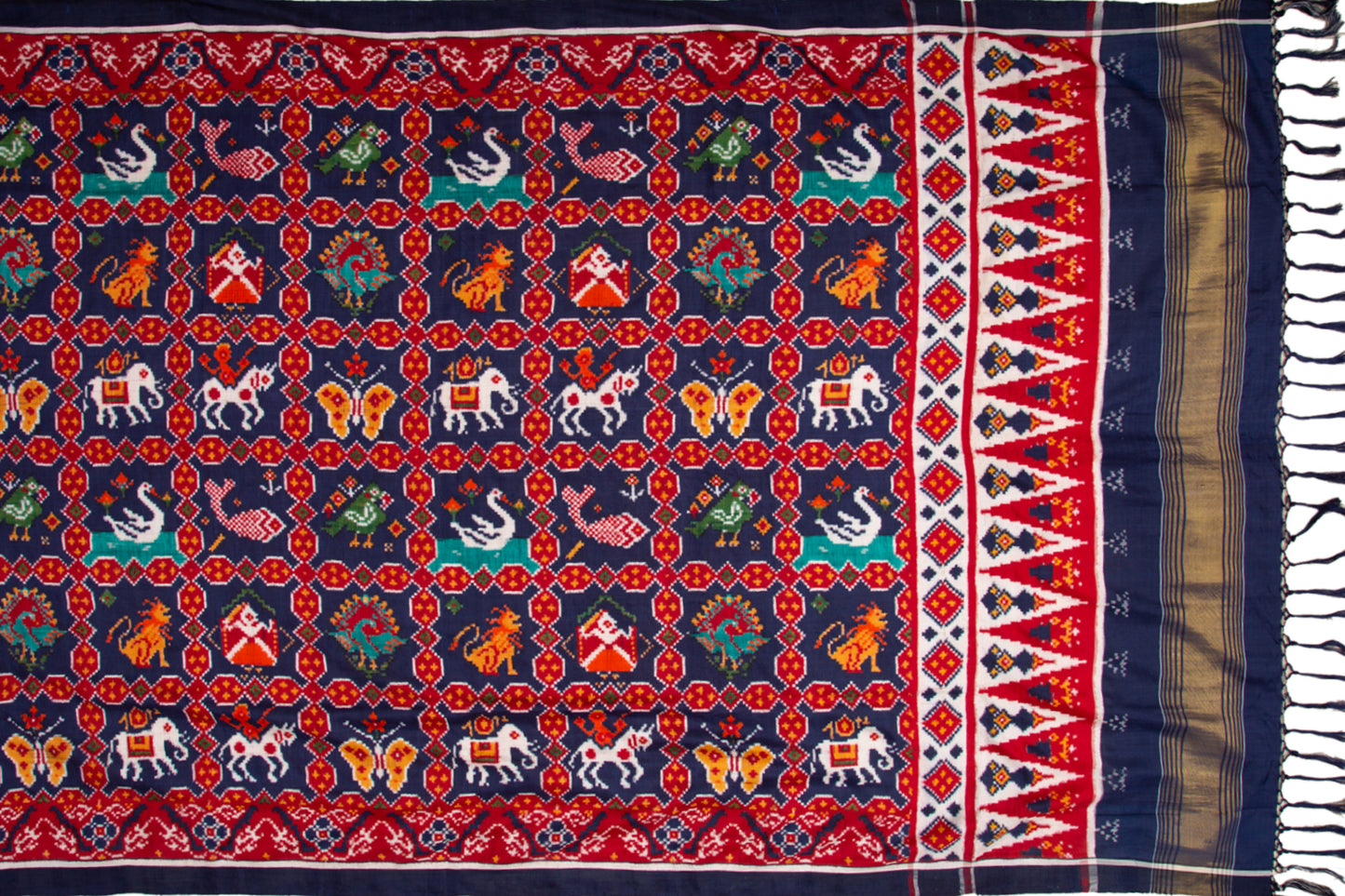 Patan Patola Silk Double Ikat 9 Figure Indigo Blue Saree