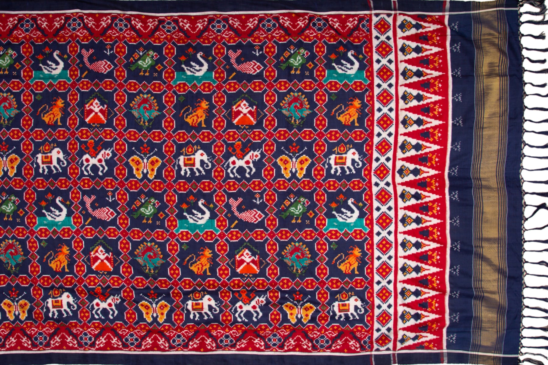 Patan Patola Silk Double Ikat 9 Figure Indigo Blue Saree