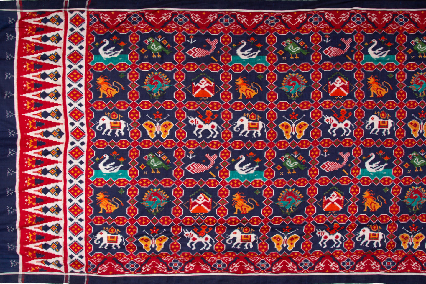 Patan Patola Silk Double Ikat 9 Figure Indigo Blue Saree