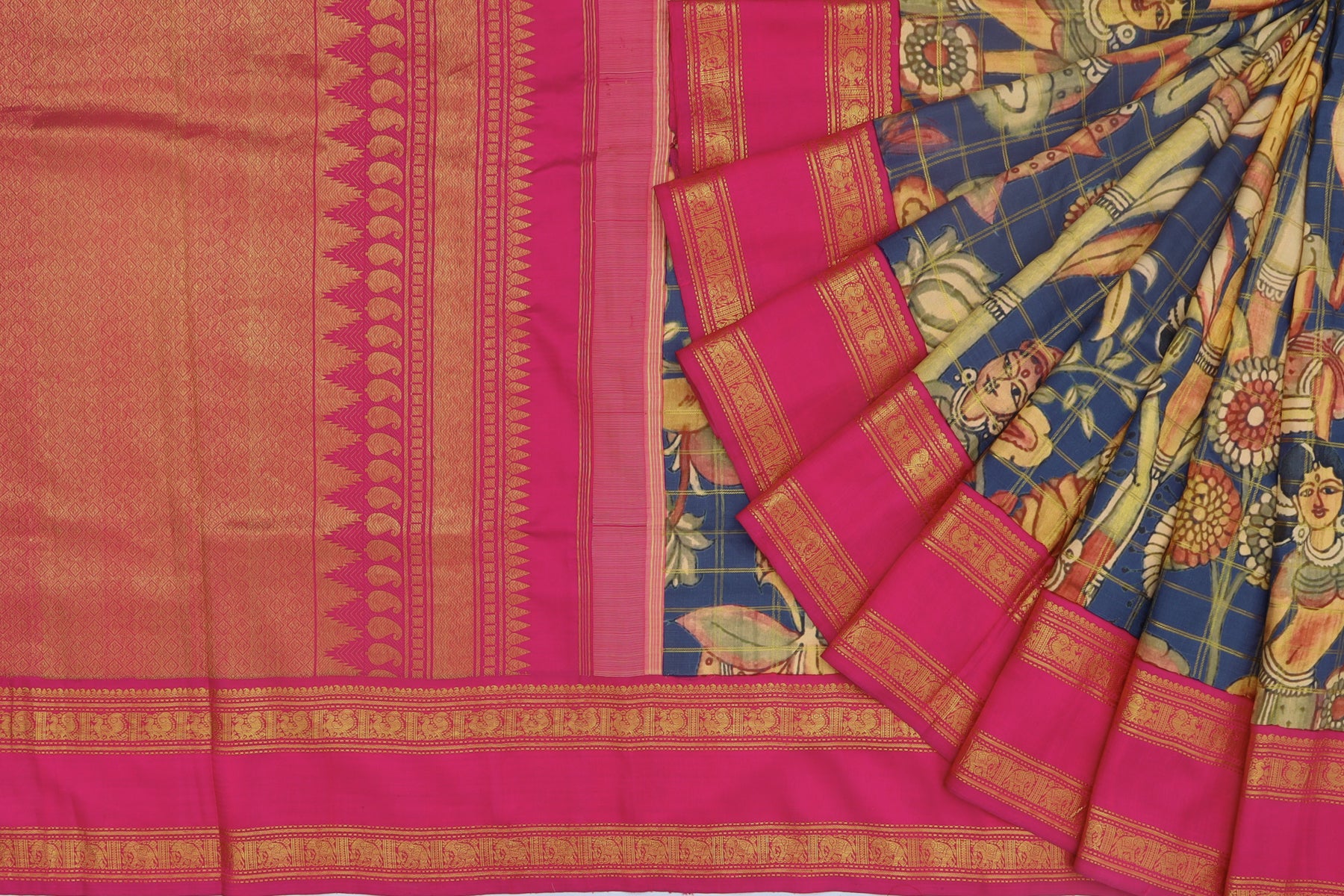 Kanchipuram Silk Checks And Printed Blue Saree