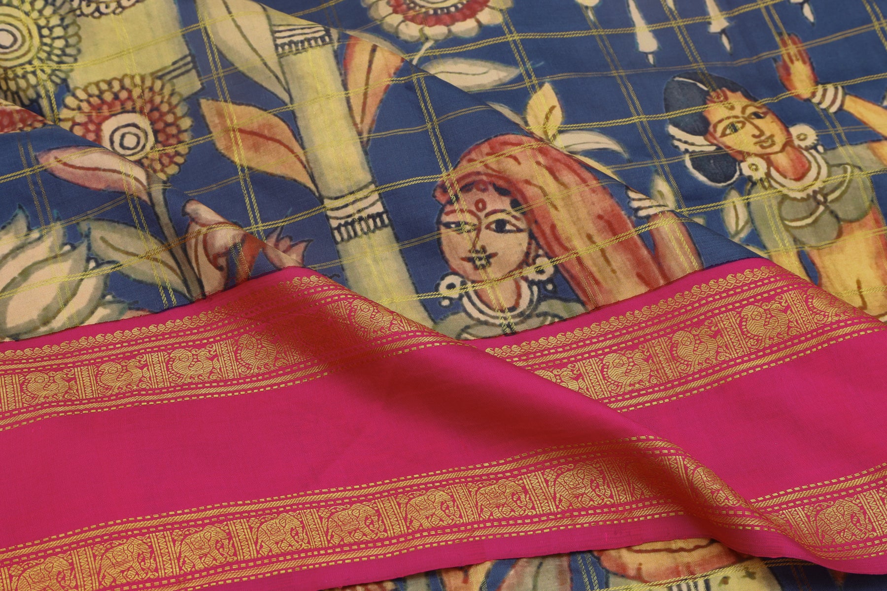 Kanchipuram Silk Checks And Printed Blue Saree