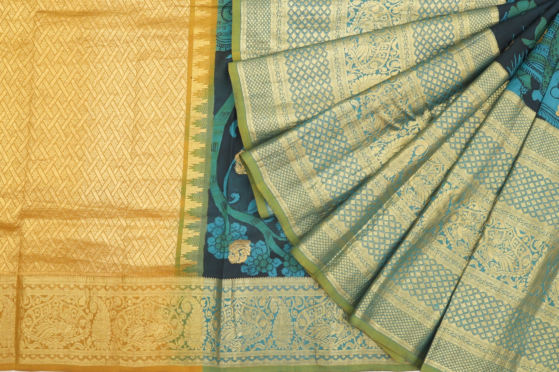 Kanchipuram Silk Kalamkari Handpainted And Butta Black Saree