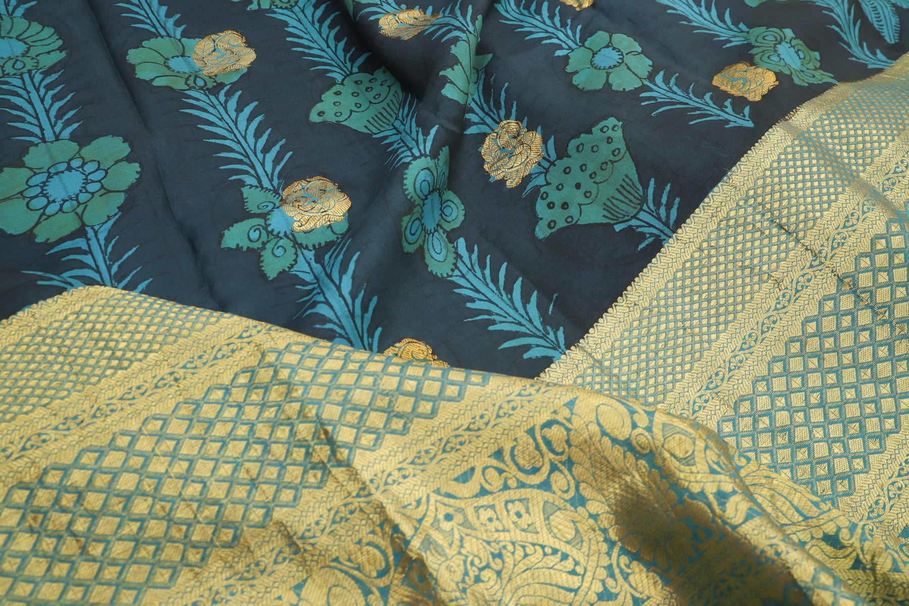 Kanchipuram Silk Kalamkari Handpainted And Butta Black Saree