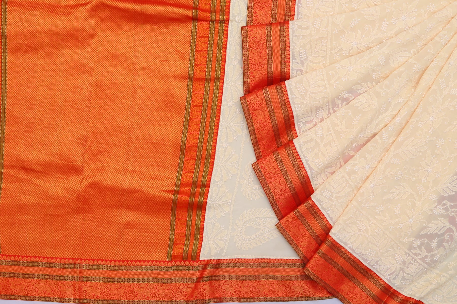Lucknow Chikankari Georgette Cream Saree With Attached Kanchi Border