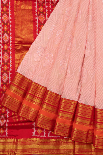 Lucknow Chikankari Georgette Baby Pink Saree With Ikat Pallu And Kanchi Border