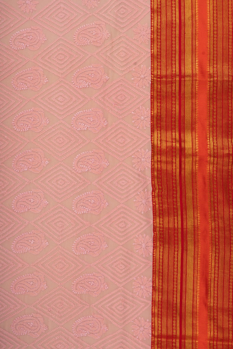 Lucknow Chikankari Georgette Baby Pink Saree With Ikat Pallu And Kanchi Border