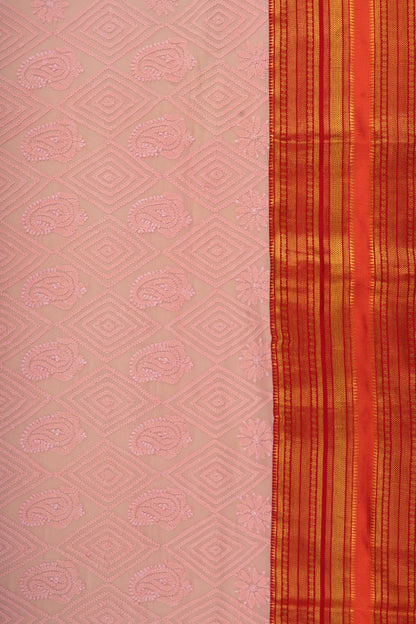 Lucknow Chikankari Georgette Baby Pink Saree With Ikat Pallu And Kanchi Border