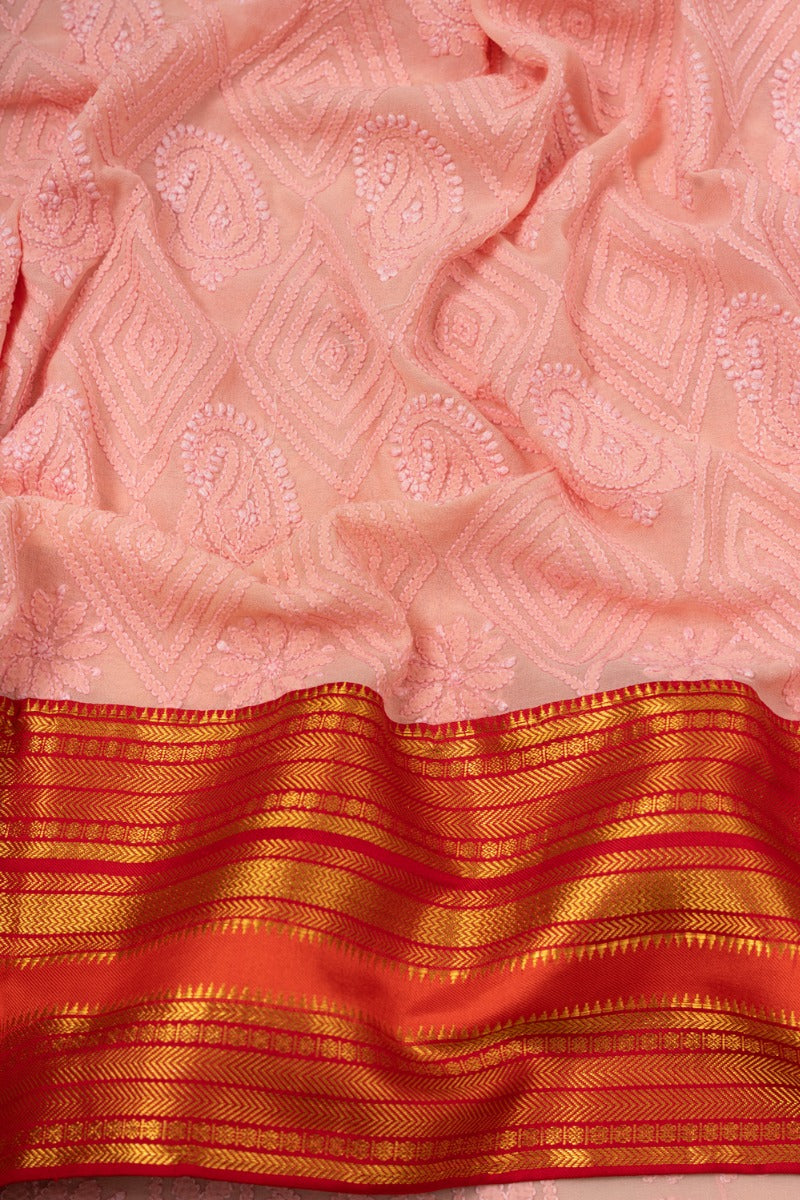 Lucknow Chikankari Georgette Baby Pink Saree With Ikat Pallu And Kanchi Border