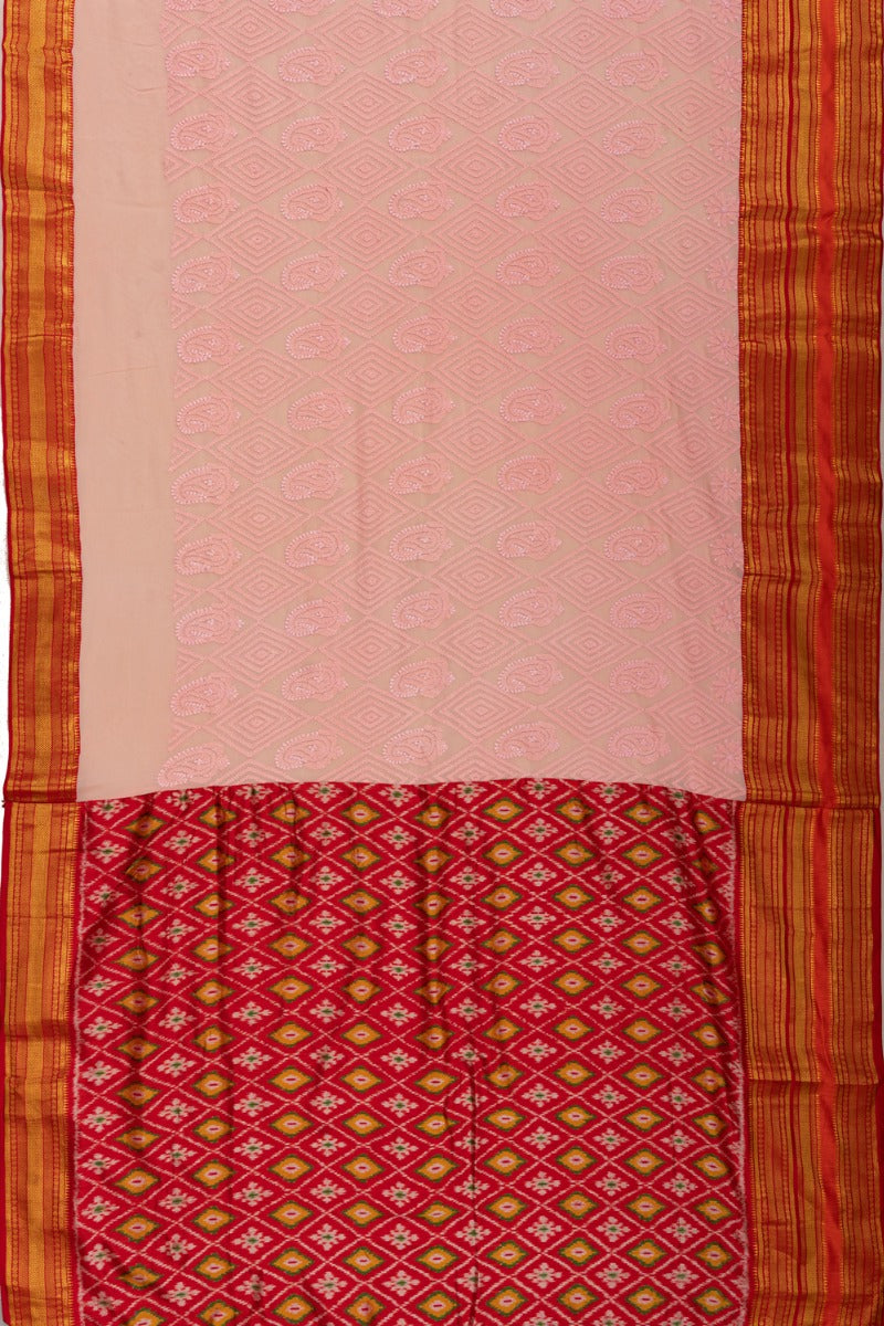 Lucknow Chikankari Georgette Baby Pink Saree With Ikat Pallu And Kanchi Border