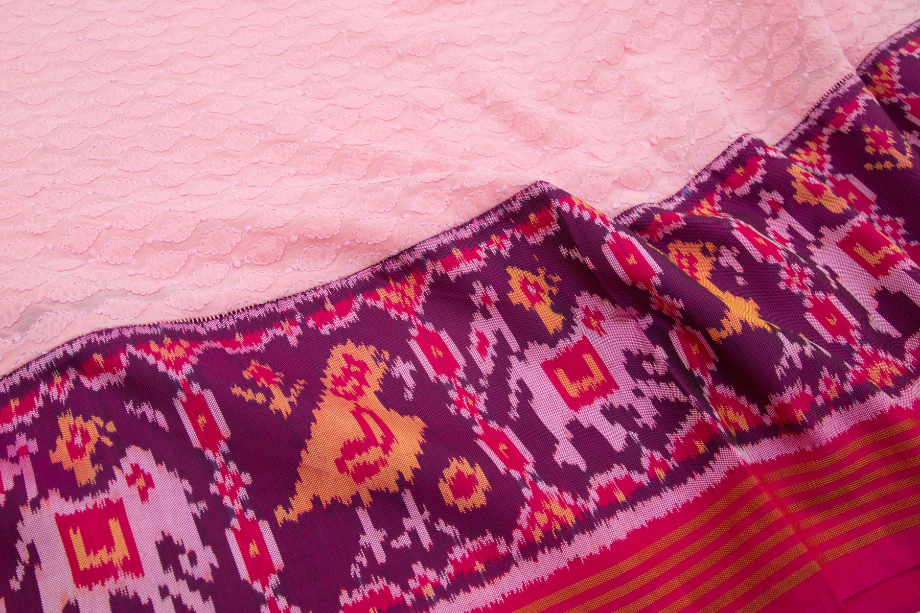 Lucknow Georgette Chikankari Pink Saree With Attached Semi Patan Border