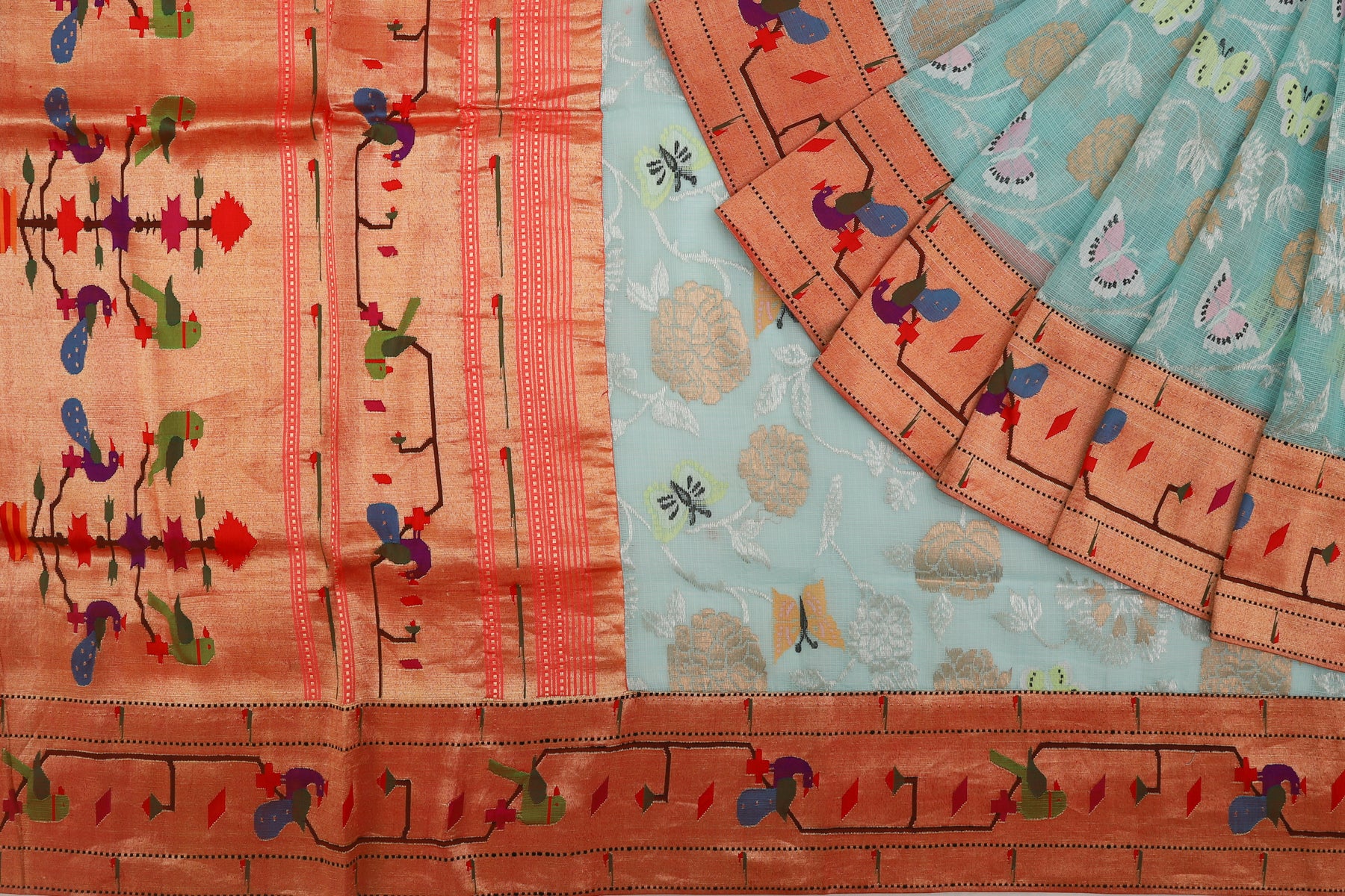 Kota Silk Tissue Jamdani Sky Blue Saree With Attached Akruthi Paithani Border
