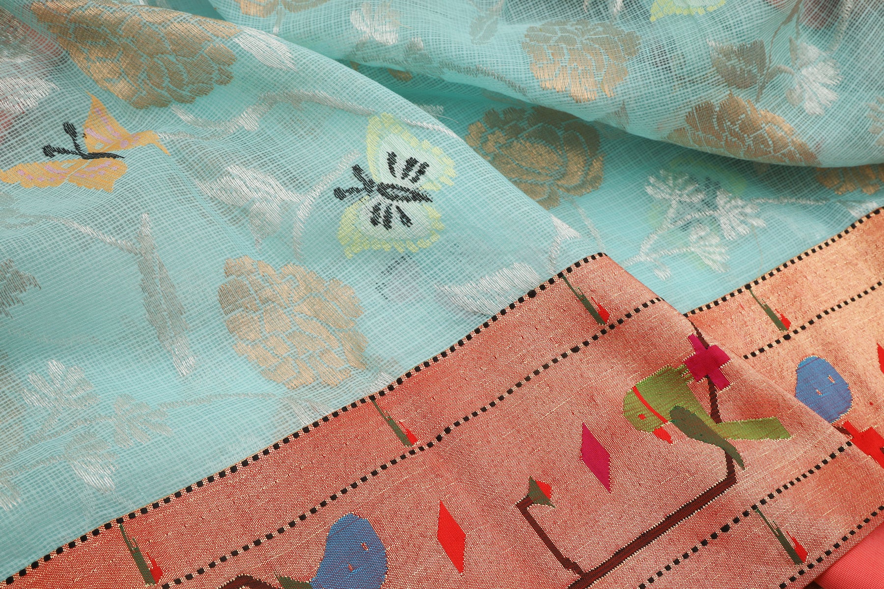 Kota Silk Tissue Jamdani Sky Blue Saree With Attached Akruthi Paithani Border