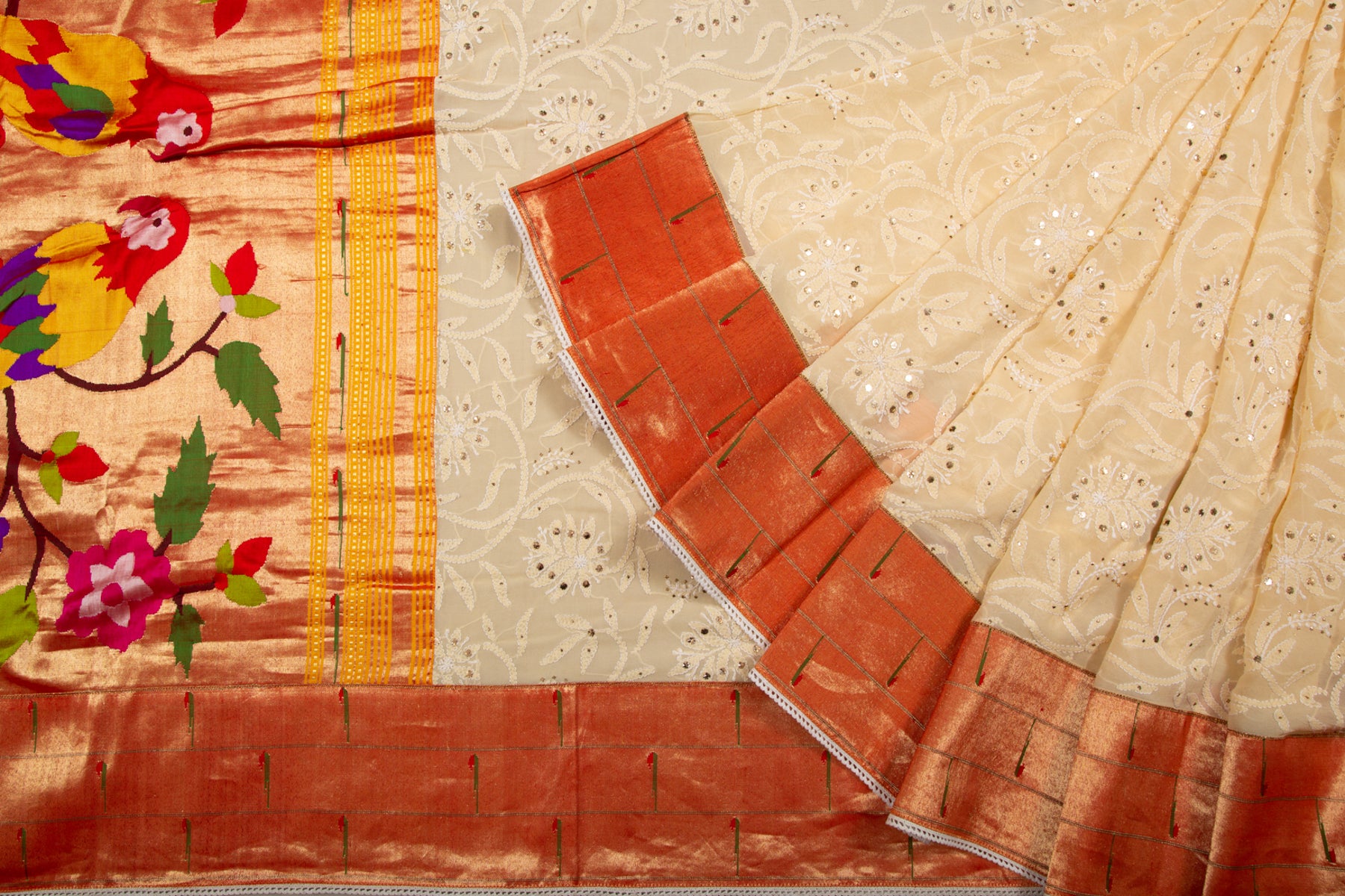 Lucknow Chikankari Georgette Cream Saree With Attached Triple Muniya Paithani Border