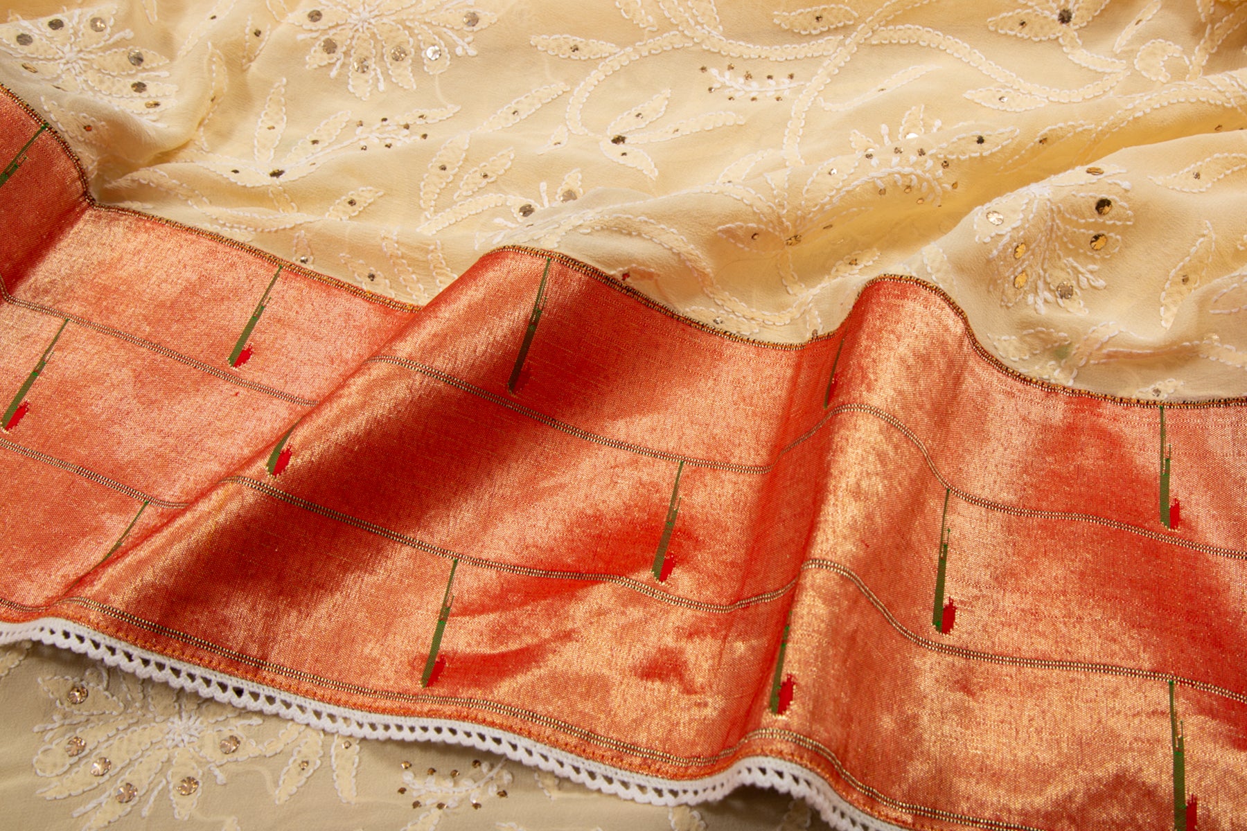 Lucknow Chikankari Georgette Cream Saree With Attached Triple Muniya Paithani Border