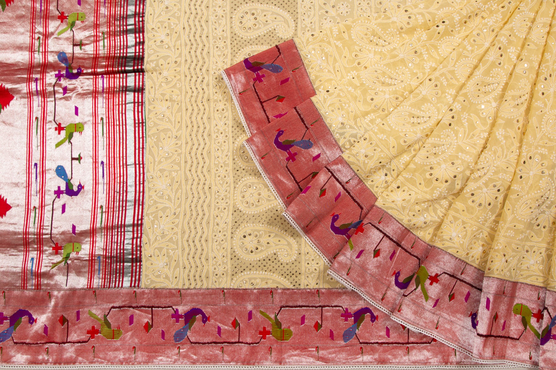 Lucknow Chikankari Georgette Yellow Saree With Attached Akruthi Paithani Border