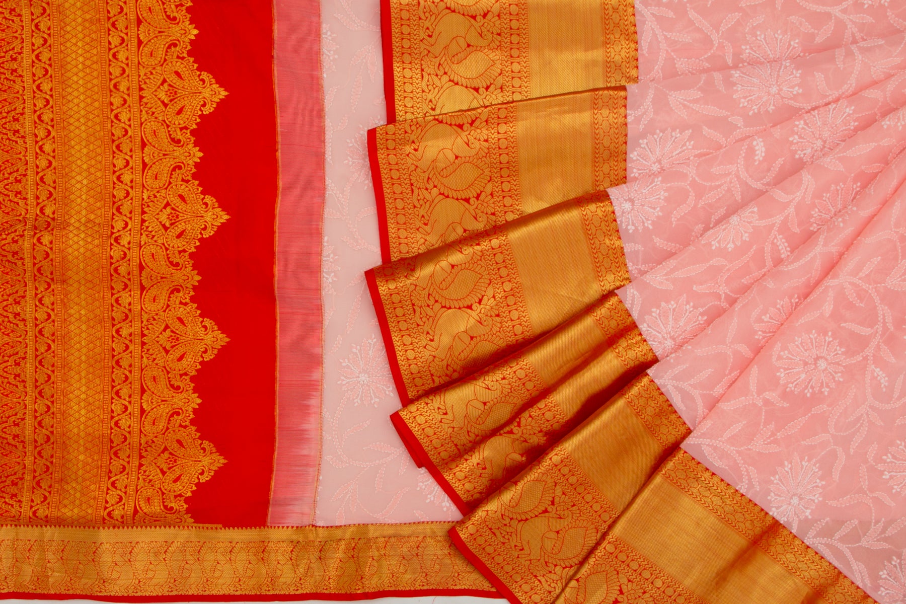 Lucknow Chikankari Georgette Peach Saree With Kanchi Border