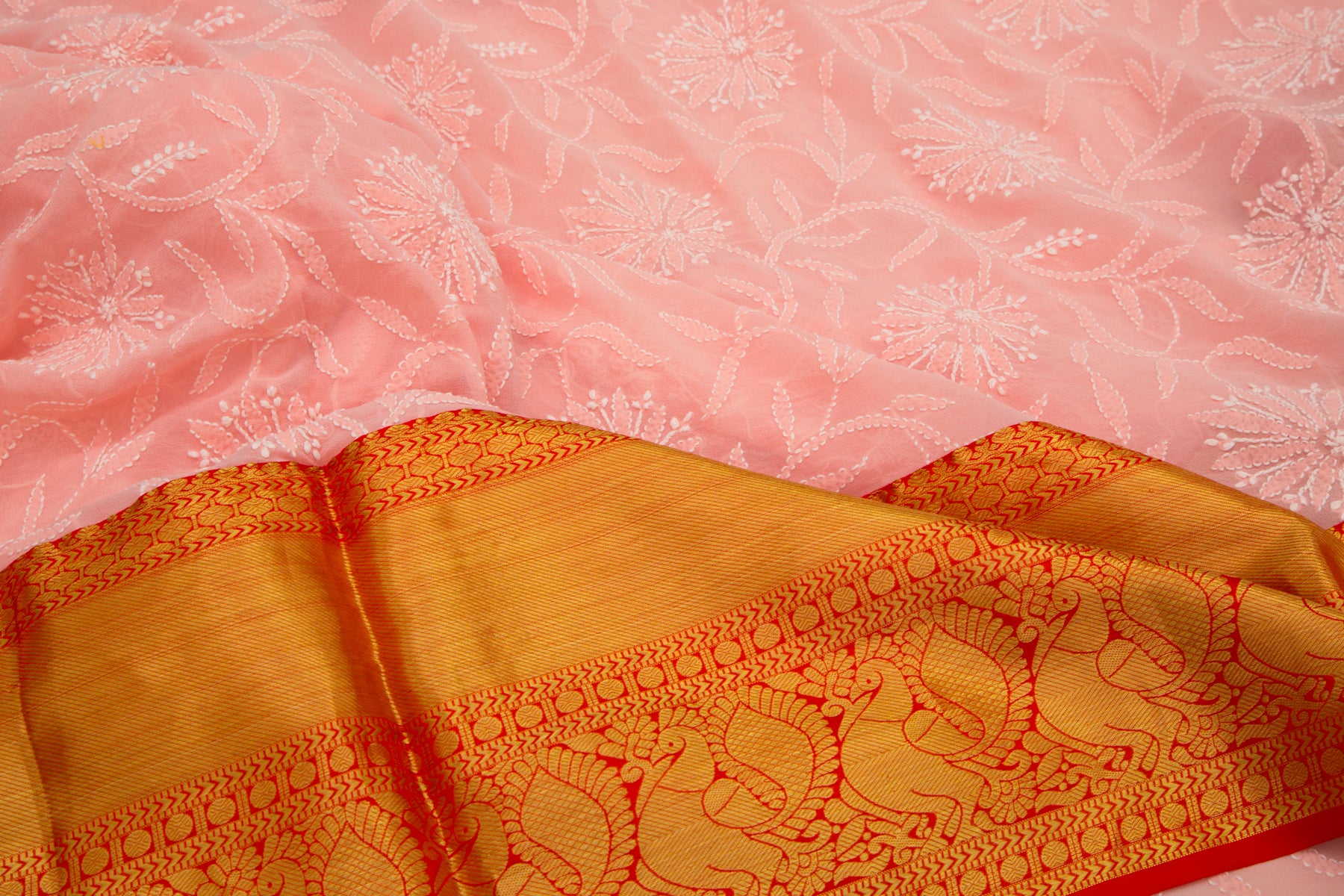 Lucknow Chikankari Georgette Peach Saree With Kanchi Border