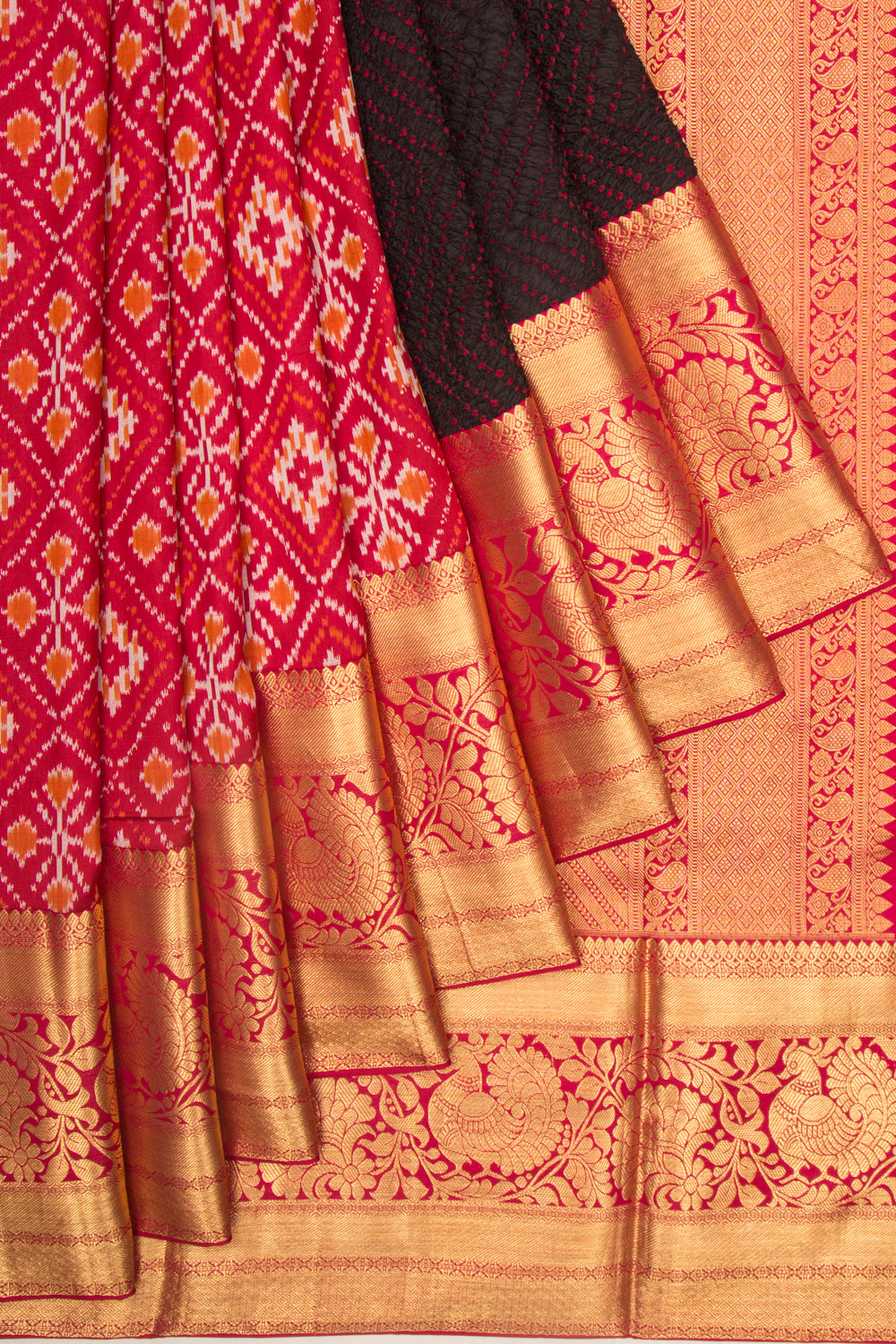 Kanchipuram Silk Ikat And Bandhani Pink And Black Saree