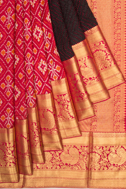 Kanchipuram Silk Ikat And Bandhani Pink And Black Saree