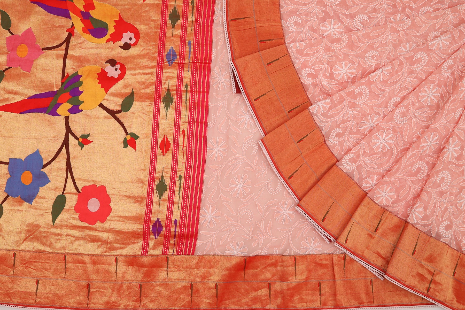 Lucknow Chikankari Georgette Pink Saree With Attached Paithani Border