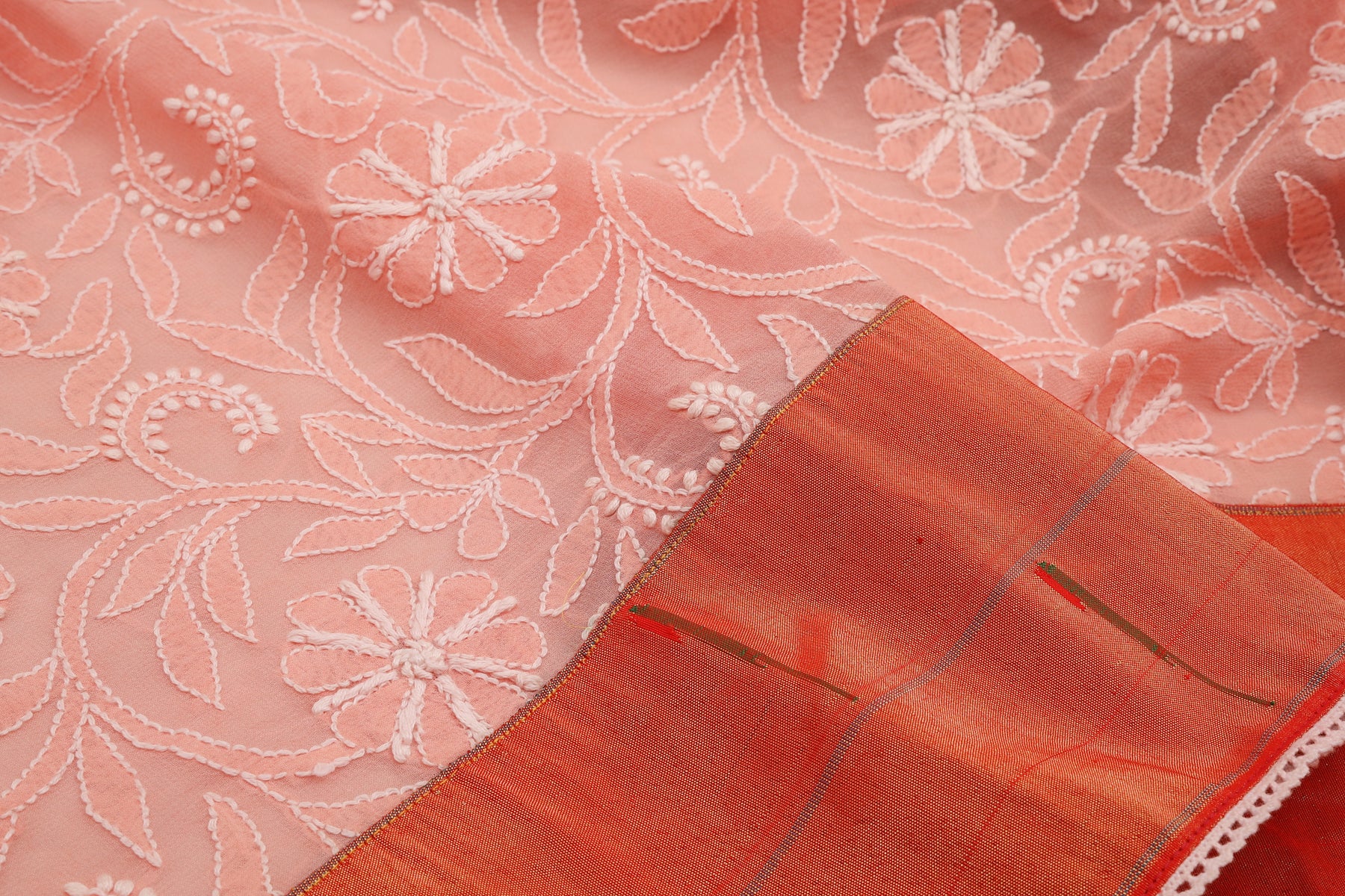 Lucknow Chikankari Georgette Pink Saree With Attached Paithani Border