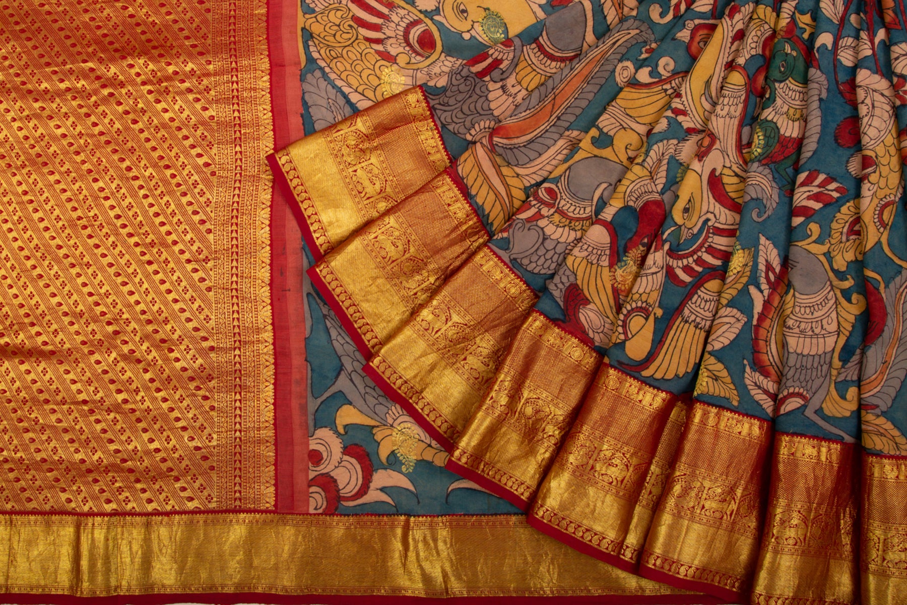 Kanchipuram Silk Kalamkari Hand Painted Blue Saree