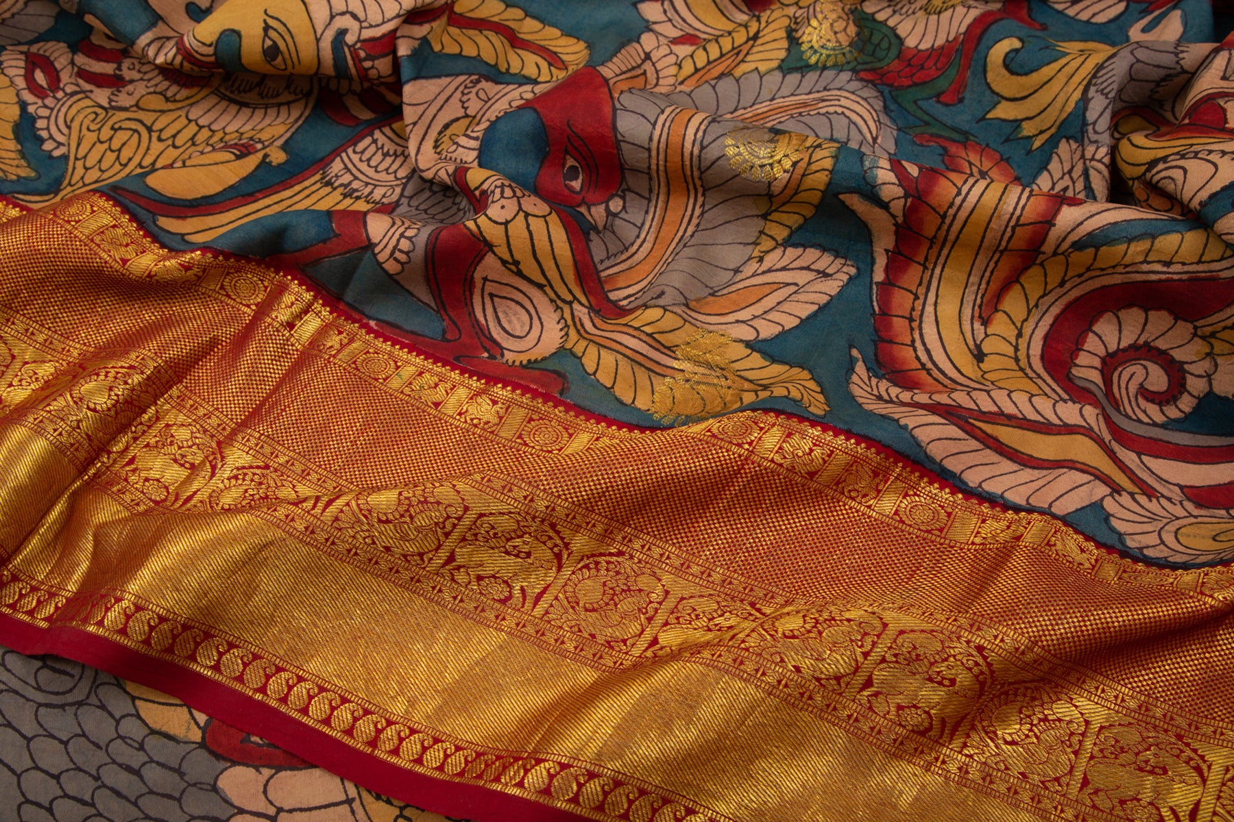 Kanchipuram Silk Kalamkari Hand Painted Blue Saree