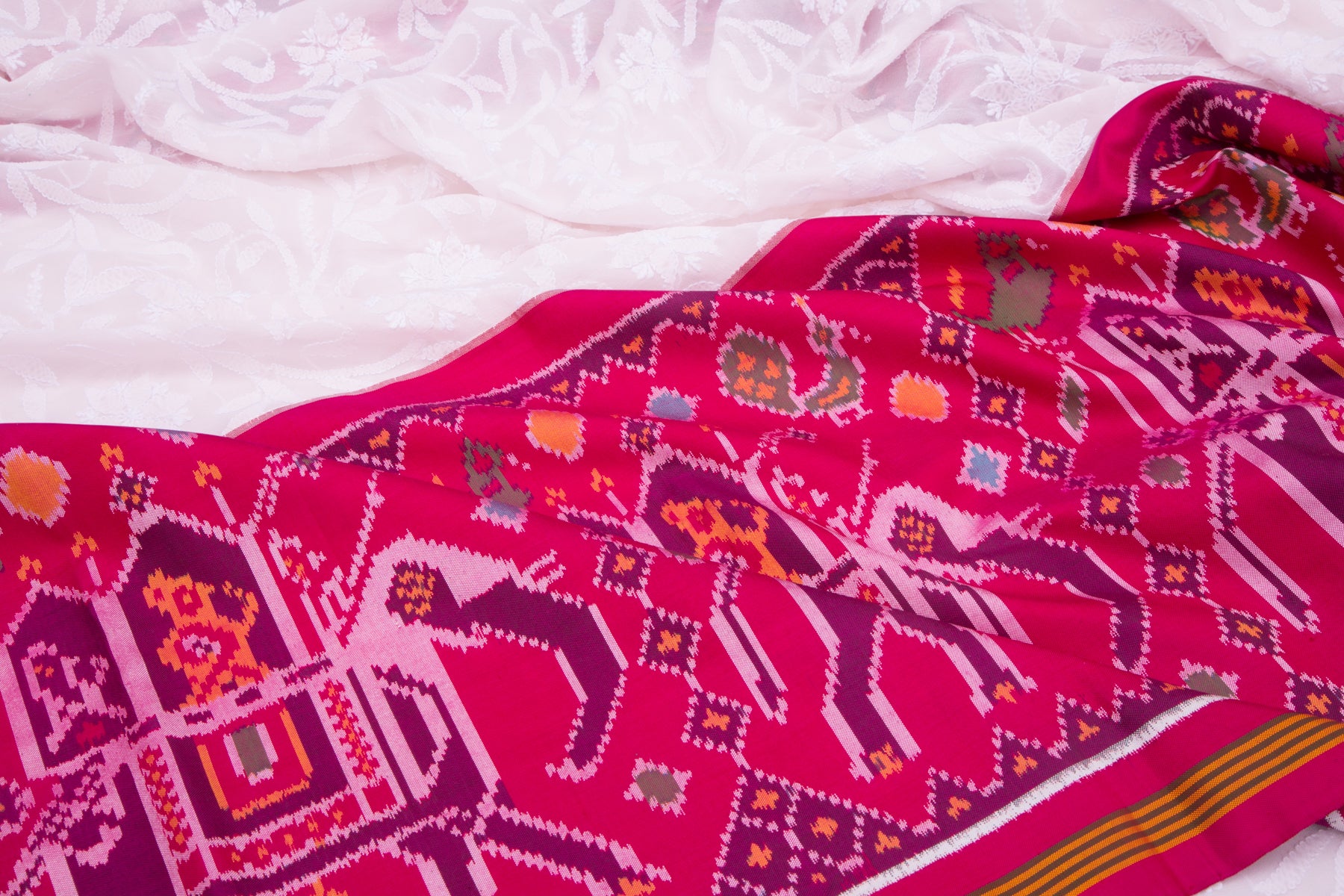 Lucknow Chikankari Georgette Pastel Pink Saree With Ikat Border