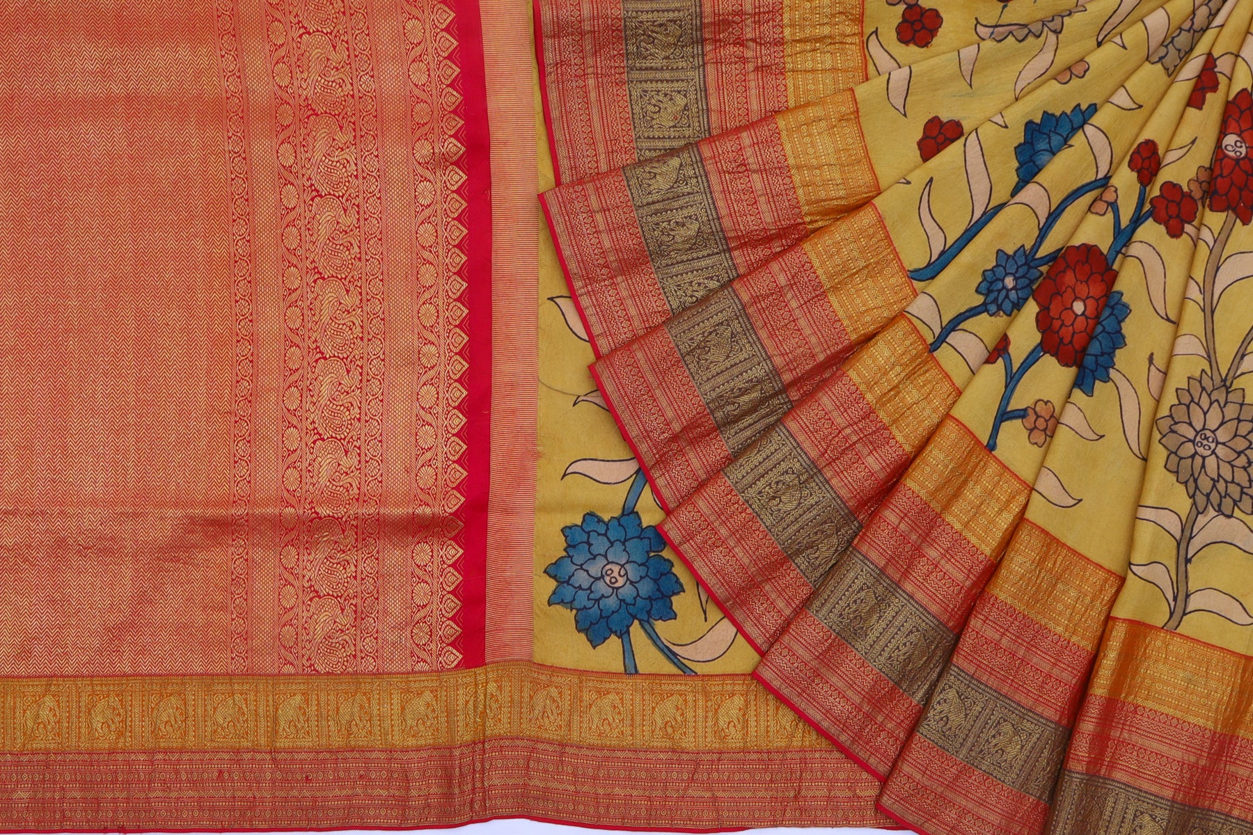 Kanchipuram Silk Kalamkari Hand Painted Yellow Saree