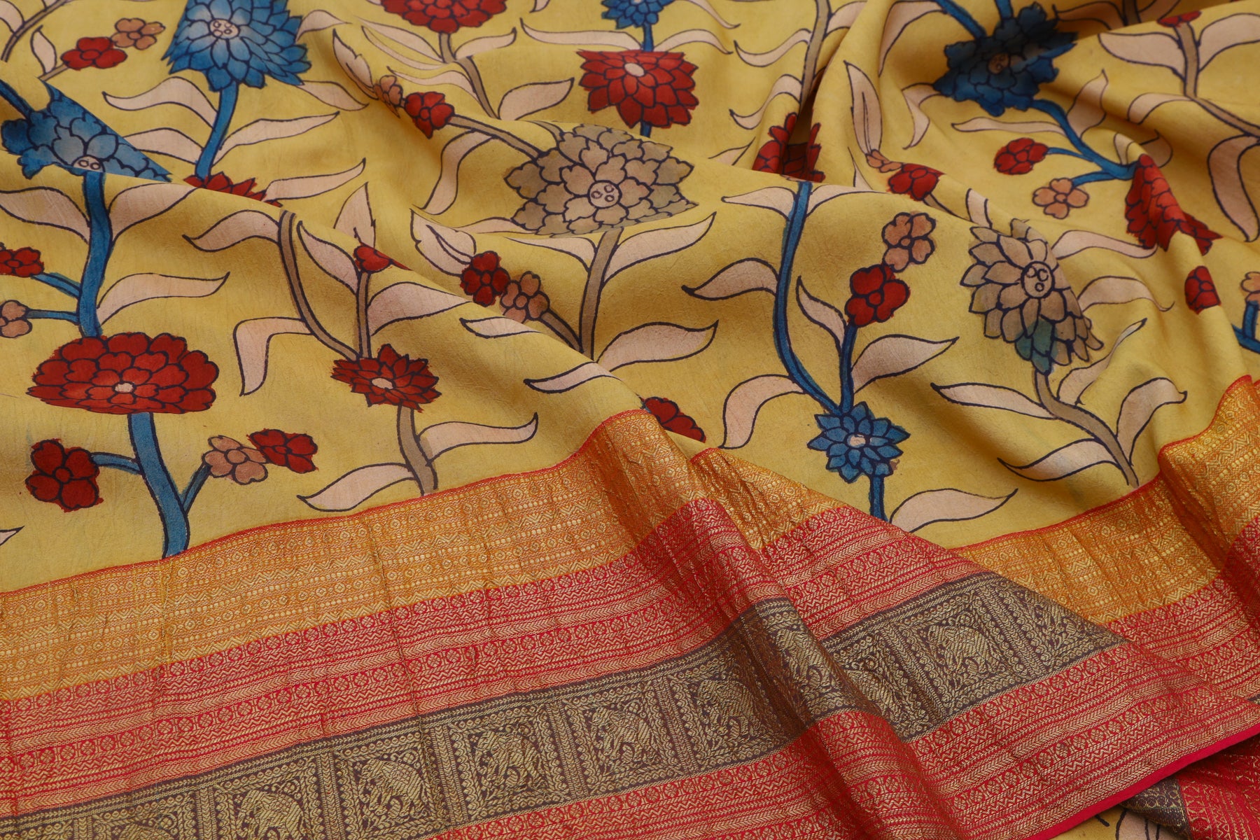 Kanchipuram Silk Kalamkari Hand Painted Yellow Saree