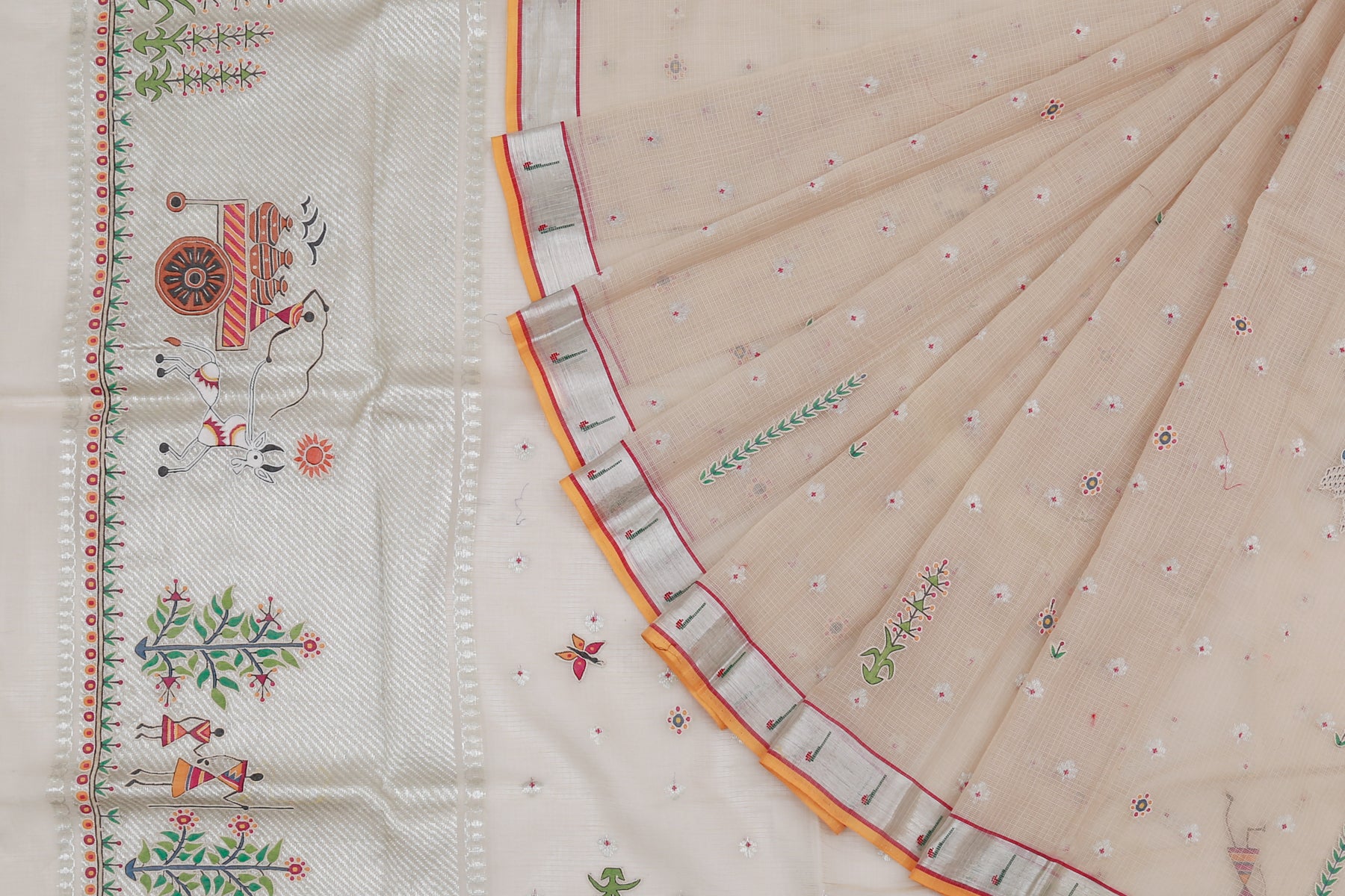 Kota Silk Butta Off White Saree With Applique Work
