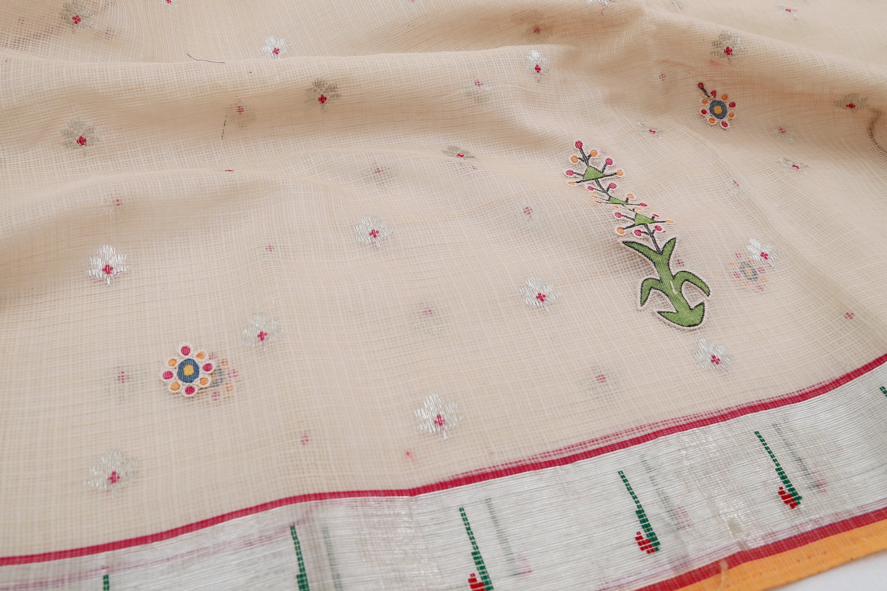 Kota Silk Butta Off White Saree With Applique Work