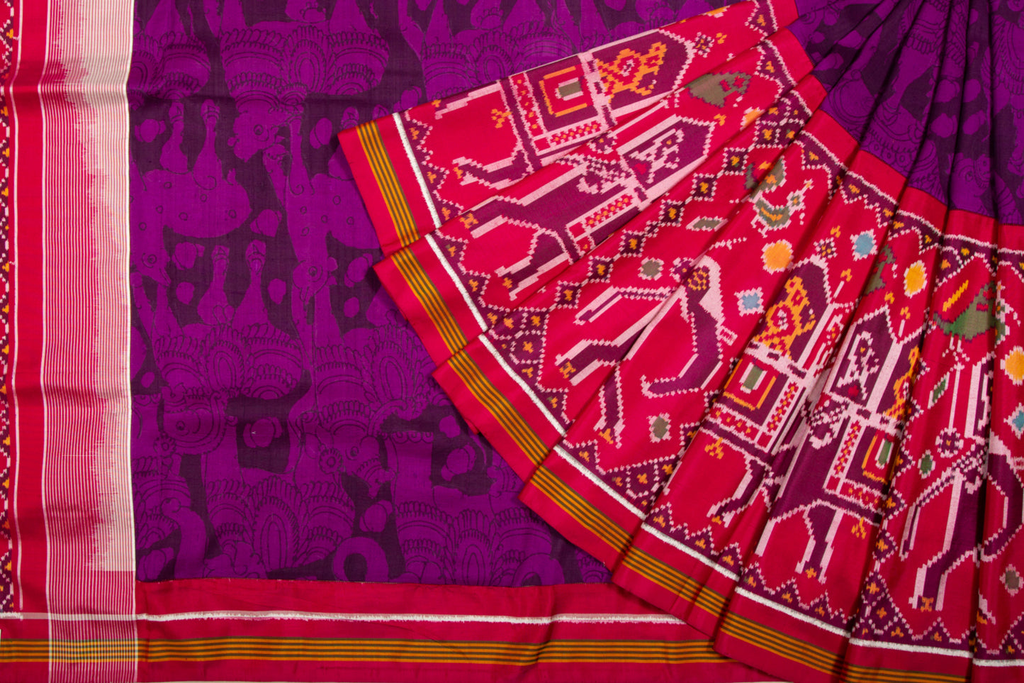 Kalamkari Silk Purple Saree With Attached Ikat Border