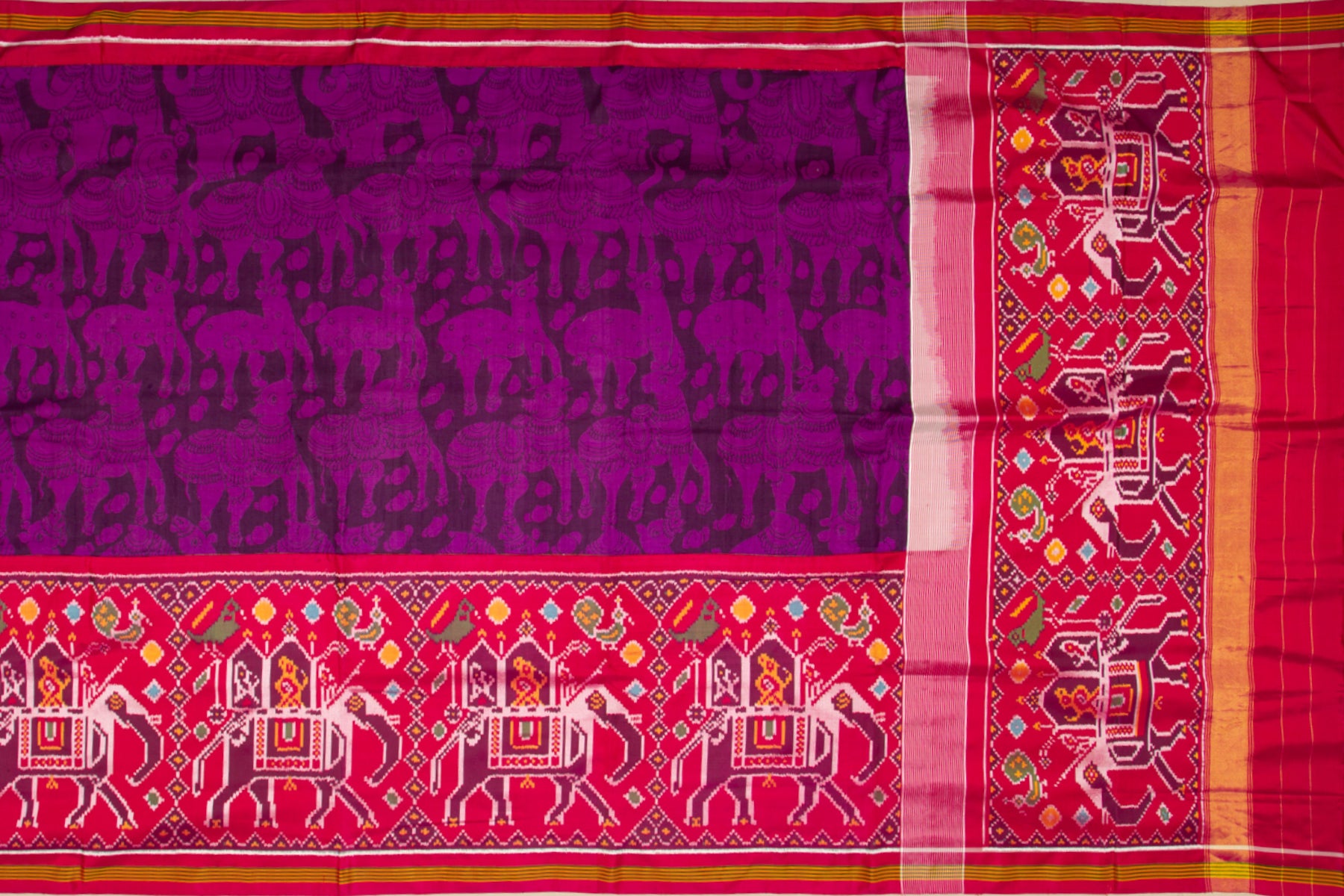 Kalamkari Silk Purple Saree With Attached Ikat Border