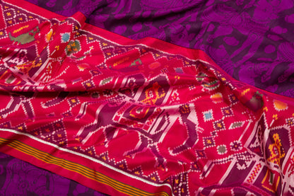 Kalamkari Silk Purple Saree With Attached Ikat Border