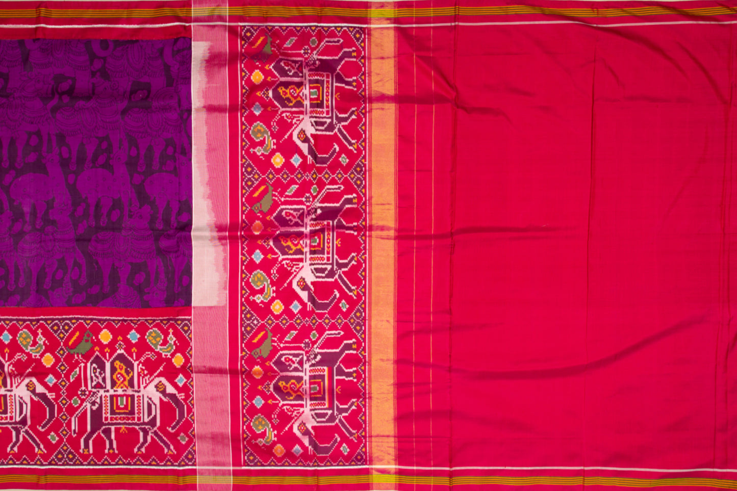 Kalamkari Silk Purple Saree With Attached Ikat Border