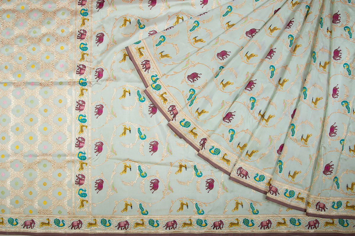 Banarasi Silk Jaal Unique Pastel Blue Shikargah Saree