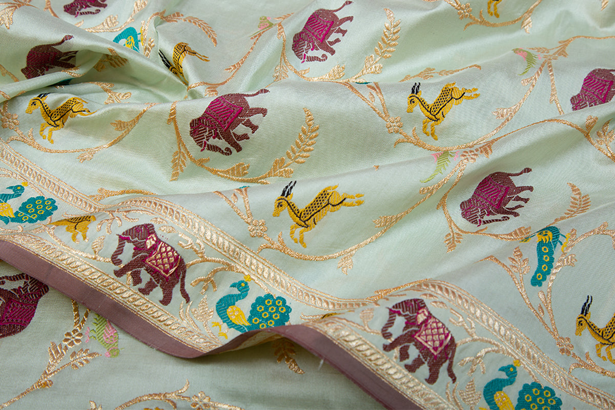 Banarasi Silk Jaal Unique Pastel Blue Shikargah Saree