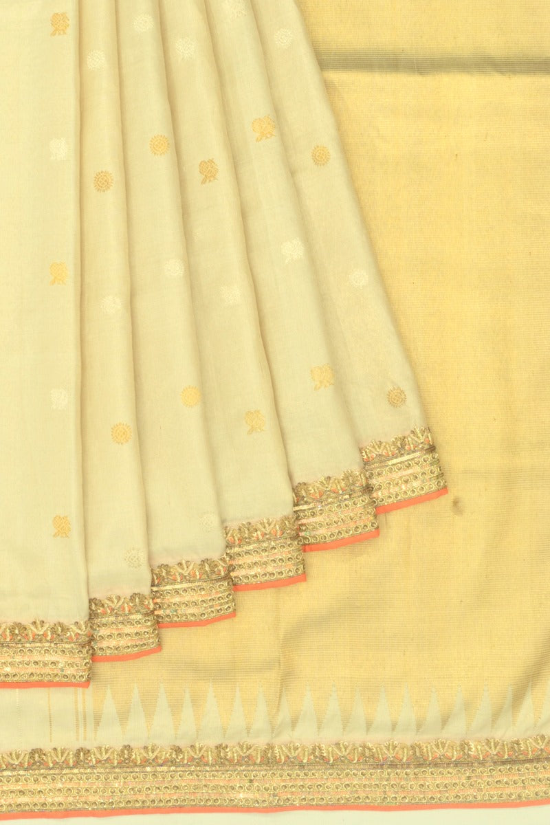 Kanchipuram Silk Tissue Butta Cream Saree With Zardosi Work