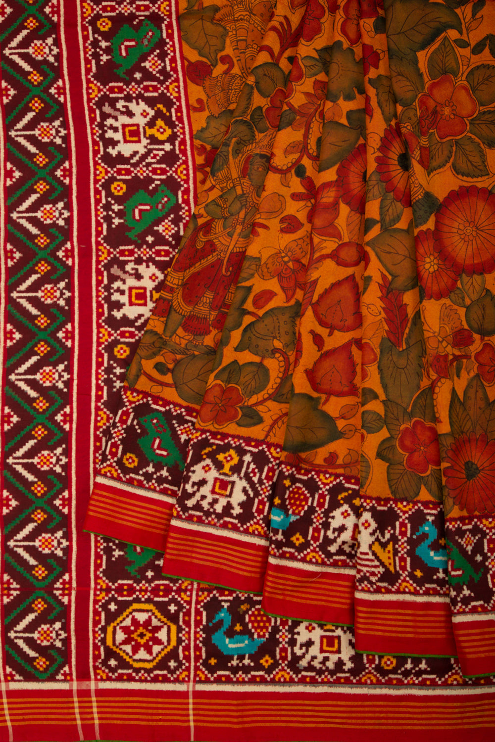 Patan Patola Silk Ikat Kalamkari Mustard Yellow Saree
