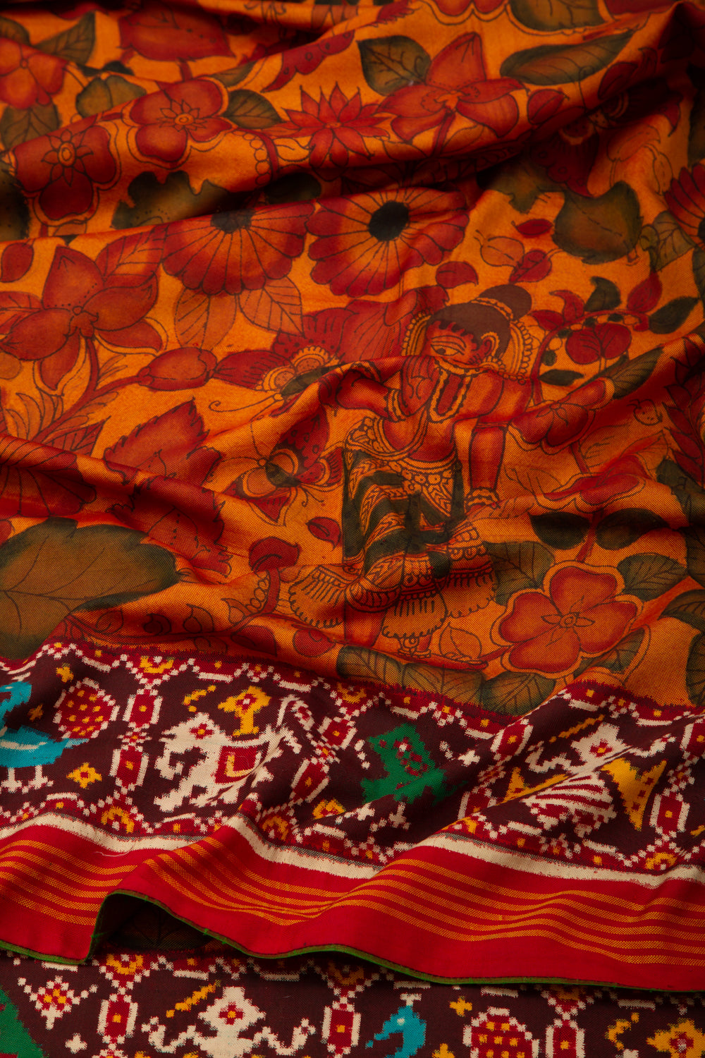 Patan Patola Silk Ikat Kalamkari Mustard Yellow Saree