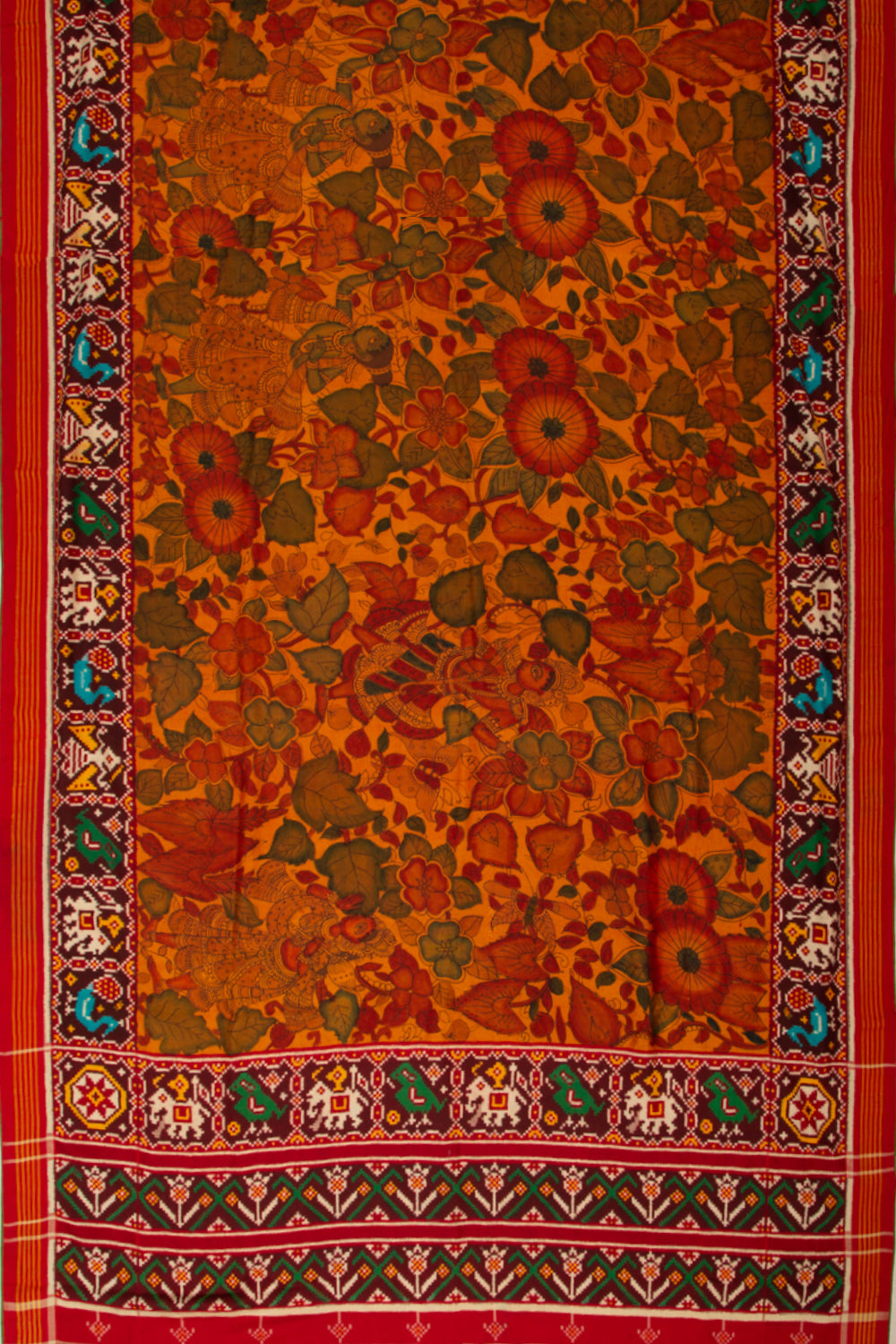 Patan Patola Silk Ikat Kalamkari Mustard Yellow Saree
