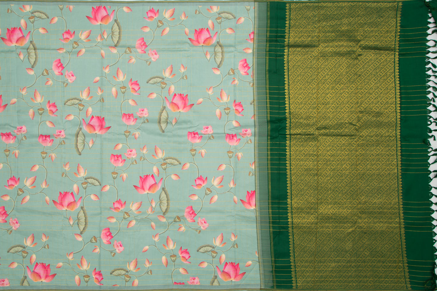 Kanchipuram Silk Checks And Floral Printed Green Saree