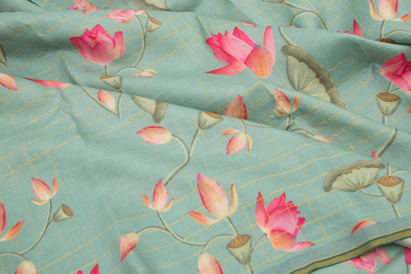 Kanchipuram Silk Checks And Floral Printed Green Saree