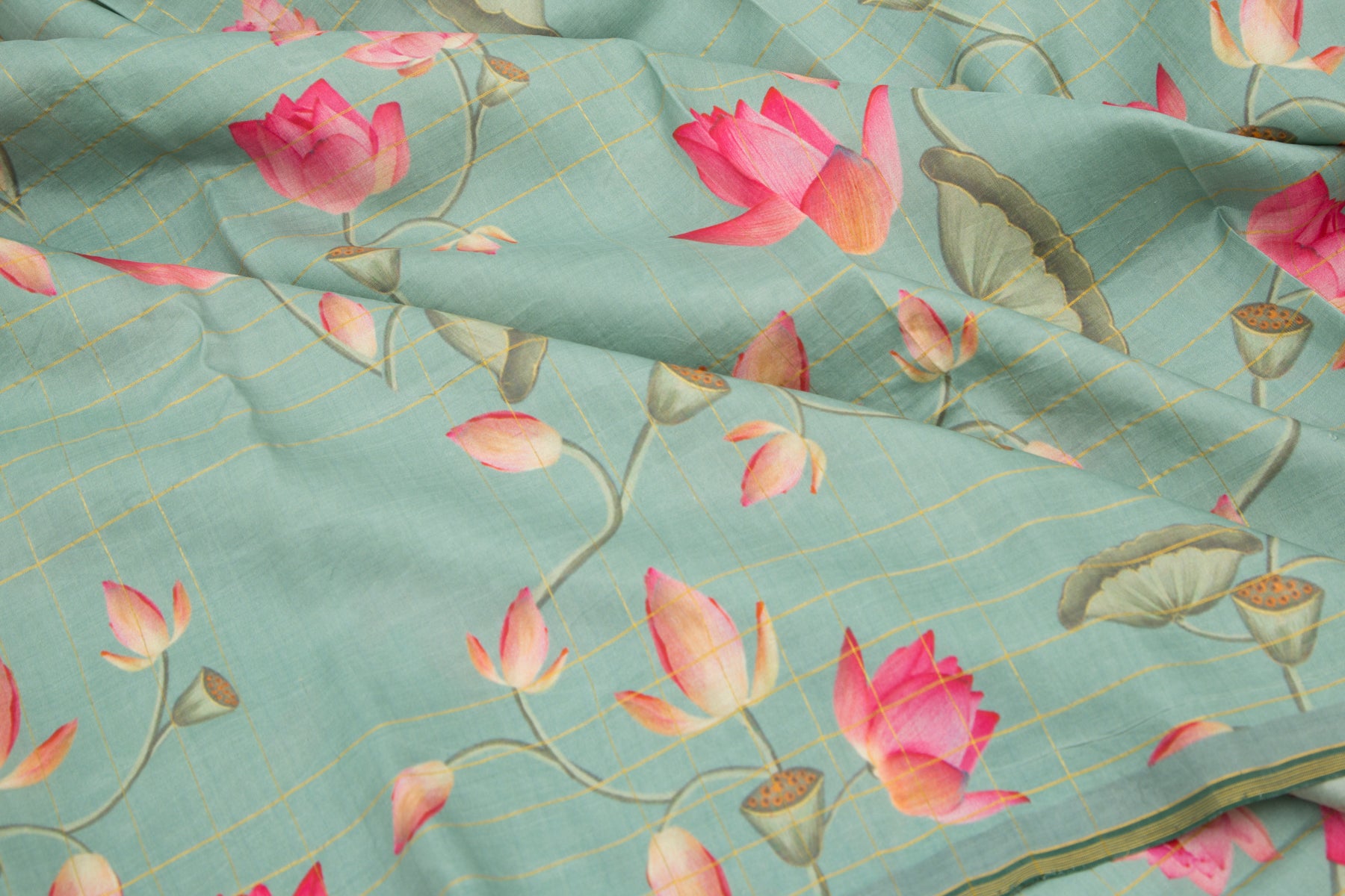 Kanchipuram Silk Checks And Floral Printed Green Saree