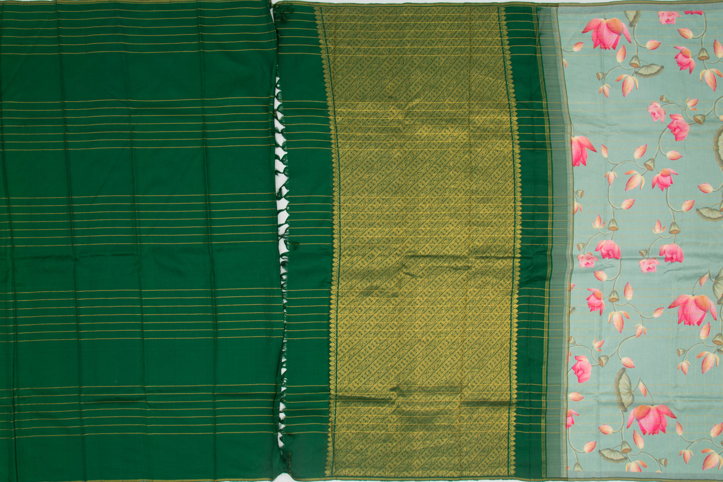 Kanchipuram Silk Checks And Floral Printed Green Saree